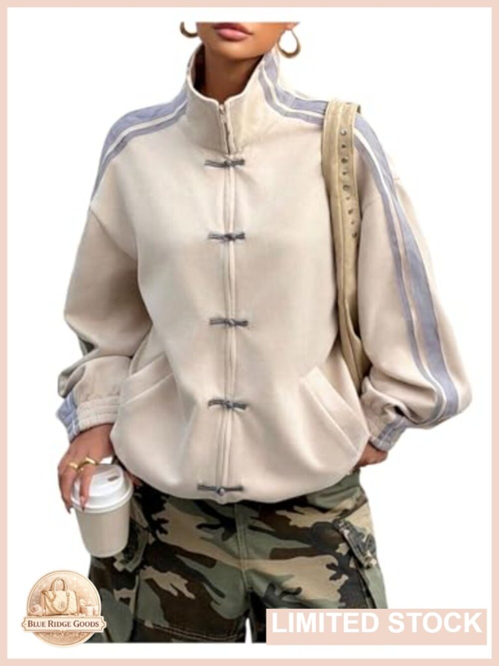 Faux Suede Zip Up Funnel Neck Jacket Frog Button